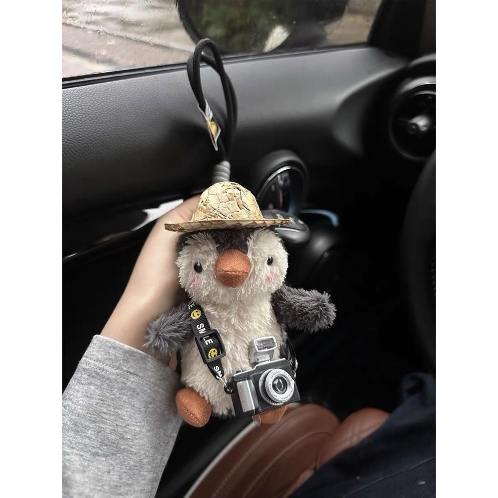 Straw hat camera Plush Penguin Bag Pendant Car Keychain Backpack Decoration Gift